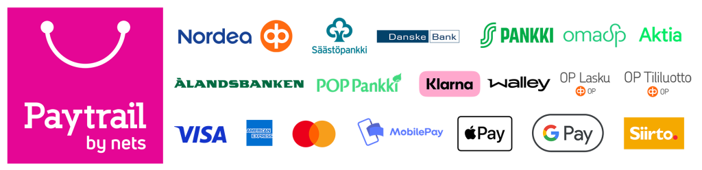 Maksutavat, Verkkopankit, Klarna, Walley, OP Lasku, Op Tililuotto, Visa, Mastercard, Mobilepay, Siirto